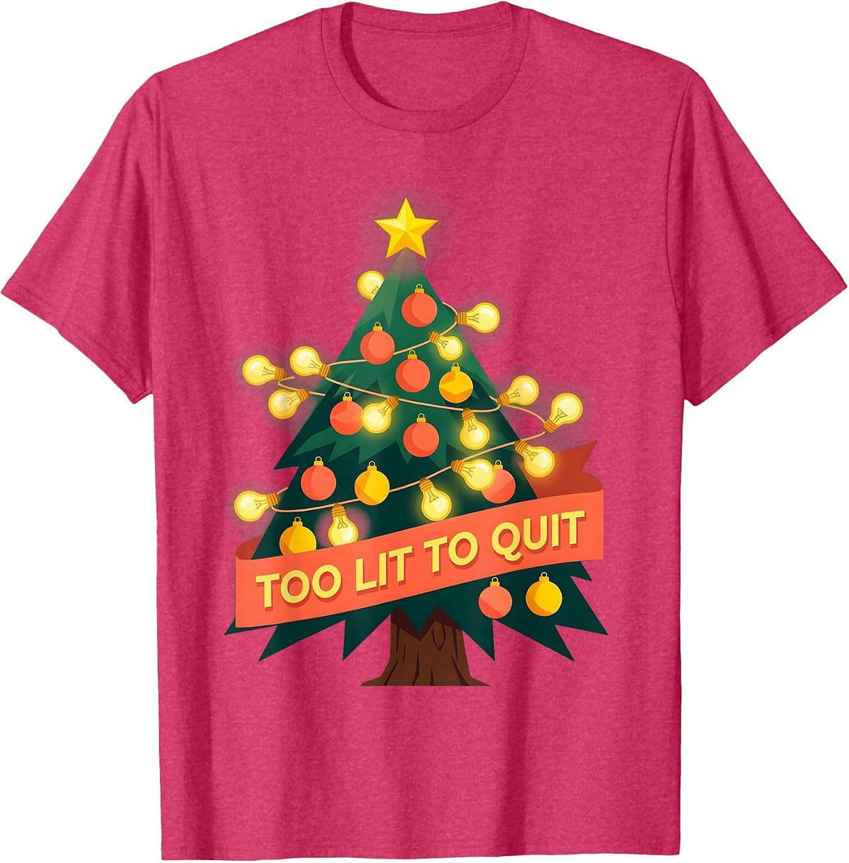 Too Lit To Quit Funny Christmas Design T-Shirt - Red Heather
