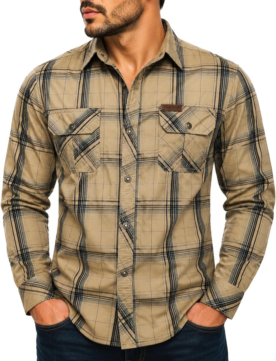 FREDD MARSHALL Men's Long Sleeve Cotton Plaid Cargo Work Shirt - Khaki