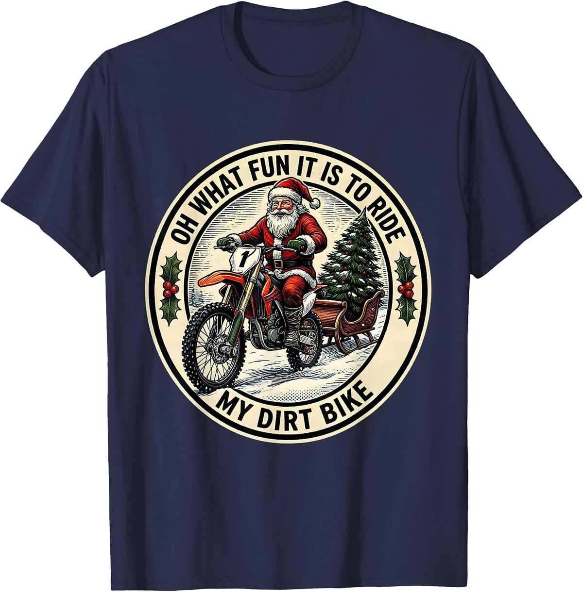 Men's Oh What Fun It Is To Ride My Dirt Bike Woodcut Engraving T-Shirt - Navy Blue