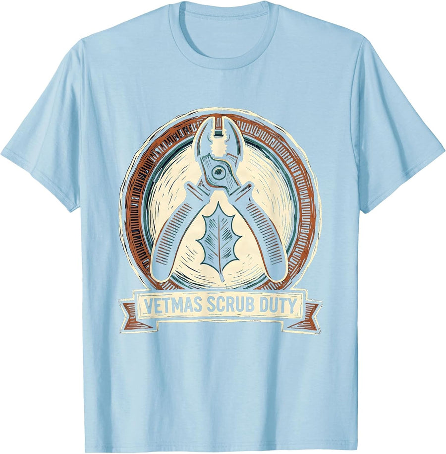 Vetmas Scrub Duty Funny Vet Tech Christmas Veterinary Humor T-Shirt, Men, Baby Blue, Medium - As Pictured