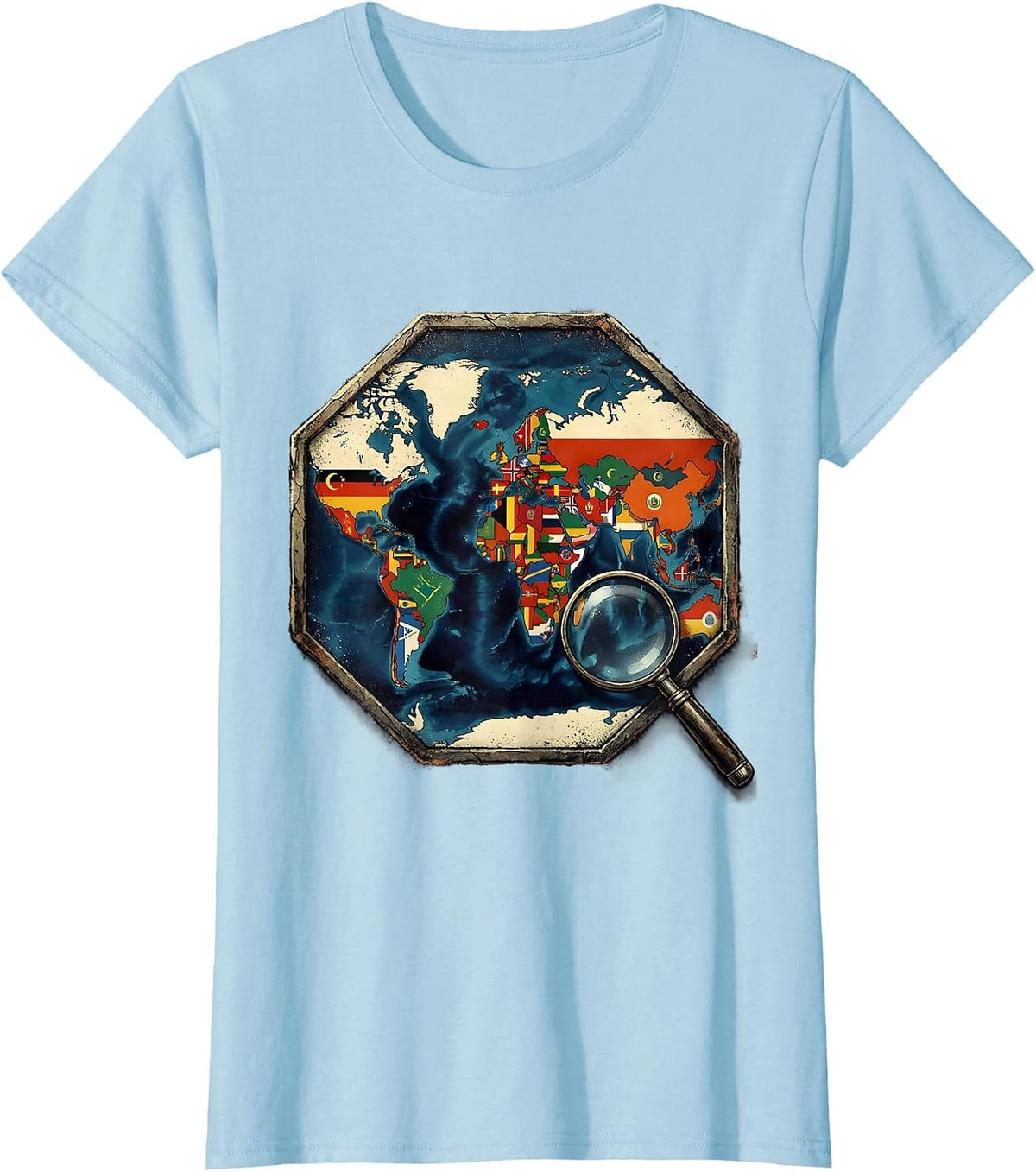 Women's World Flags Map Geography Enthusiast Distressed Travel Lover T-Shirt - Baby Blue
