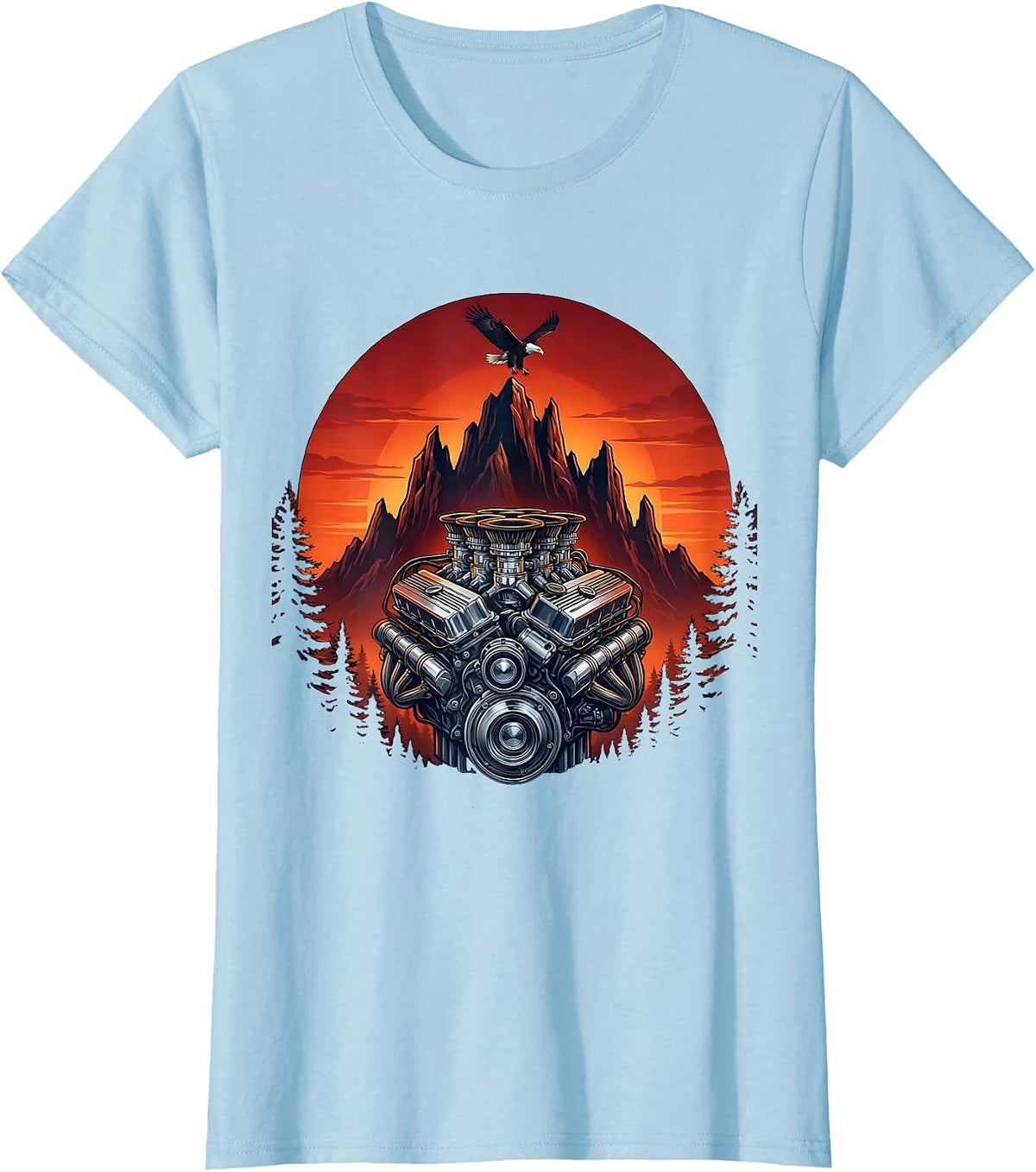 Hot Rod Engine Exposed Pistons American Muscle Art T-Shirt - Baby Blue