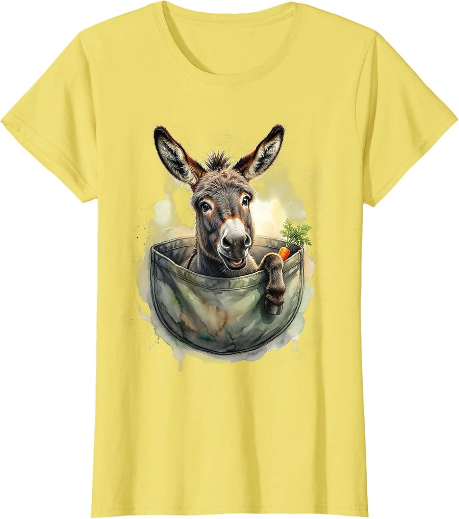 Women's Watercolor Donkey in Pocket Funny Animal Lover Gift T-Shirt - Lemon Yellow