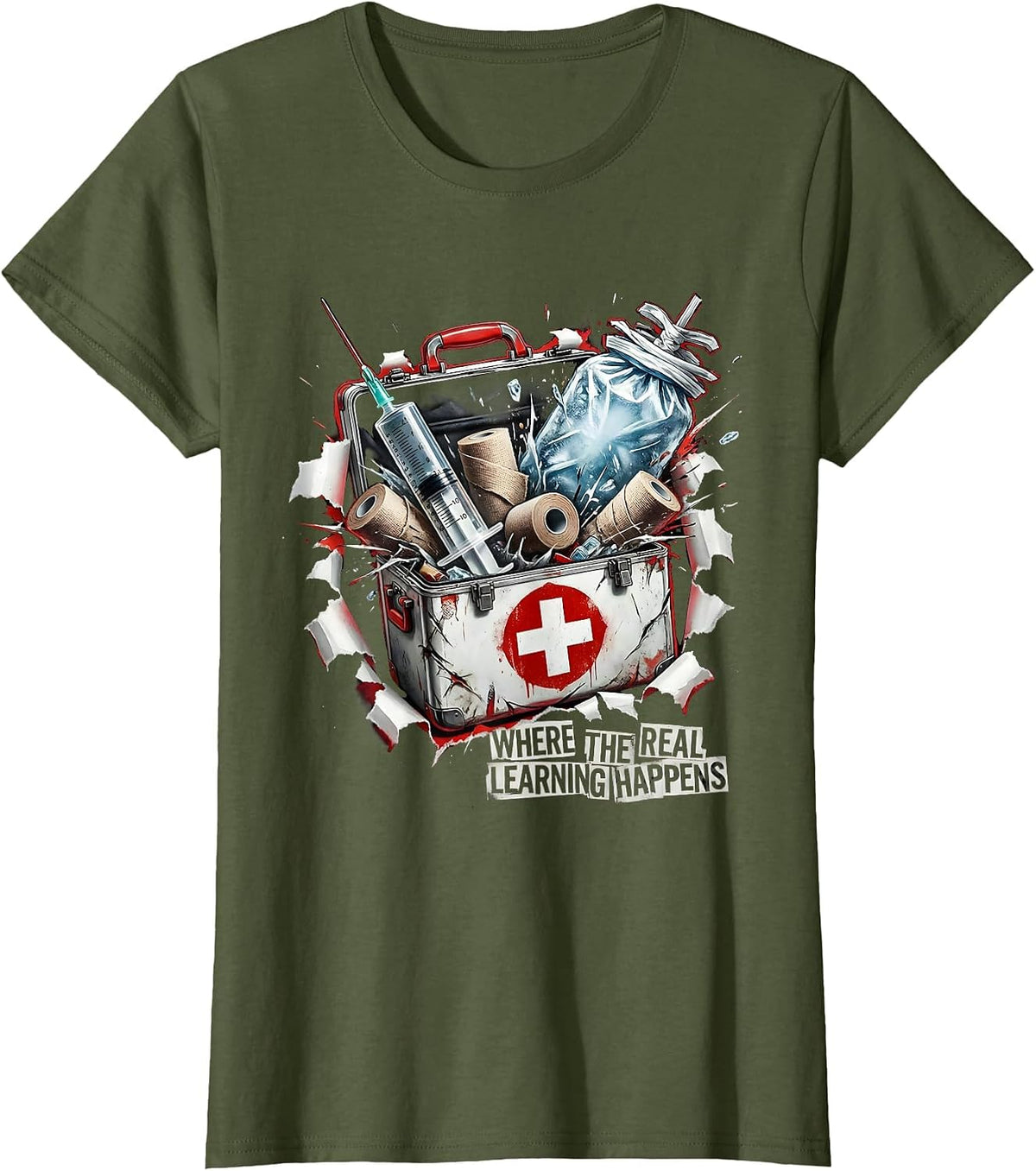 Women's School Nurse Where the Real Learning Happens T-Shirt - Olive Green