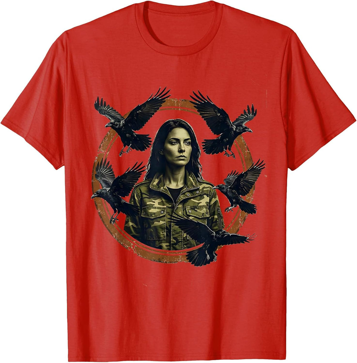 Men's Camo Jacket Raven Illustration Graphic Design T-Shirt - Red