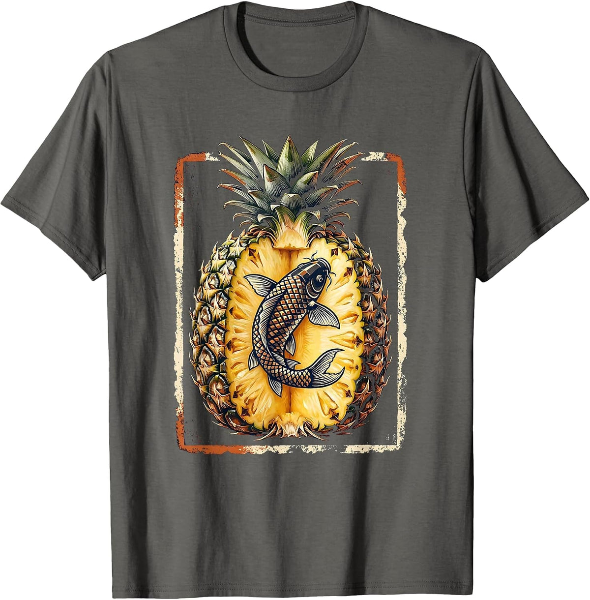 Men's Pineapple Koi Fish Split Fruit Graphic Design T-Shirt - Asphalt Grey