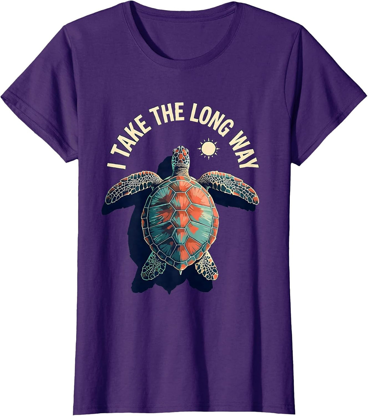 Women's I Take The Long Way Gouache Sea Turtle Tropical Vacation T-Shirt - Purple