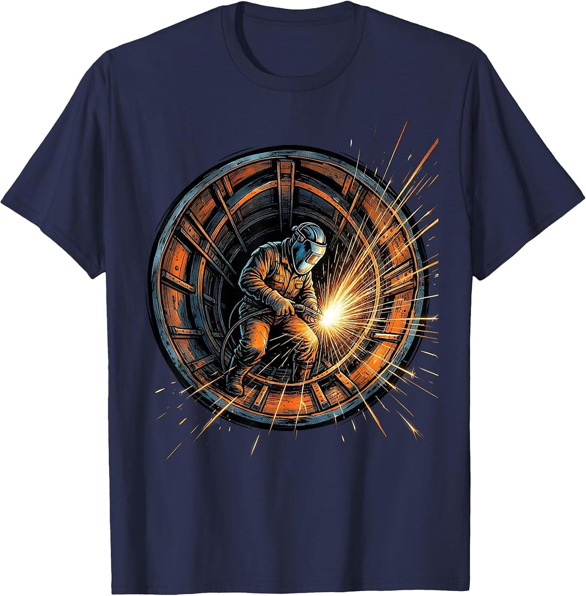 Welder Inside Ship Hull Graphic Tee T-Shirt - Navy Blue