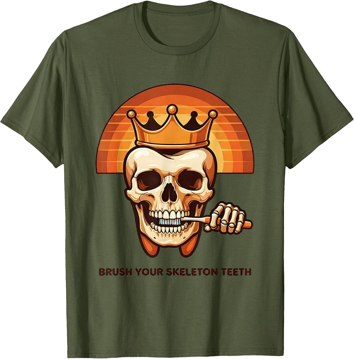 Brush Your Skeleton Teeth Retro 70s Dental Hygienist T-Shirt - Olive Green