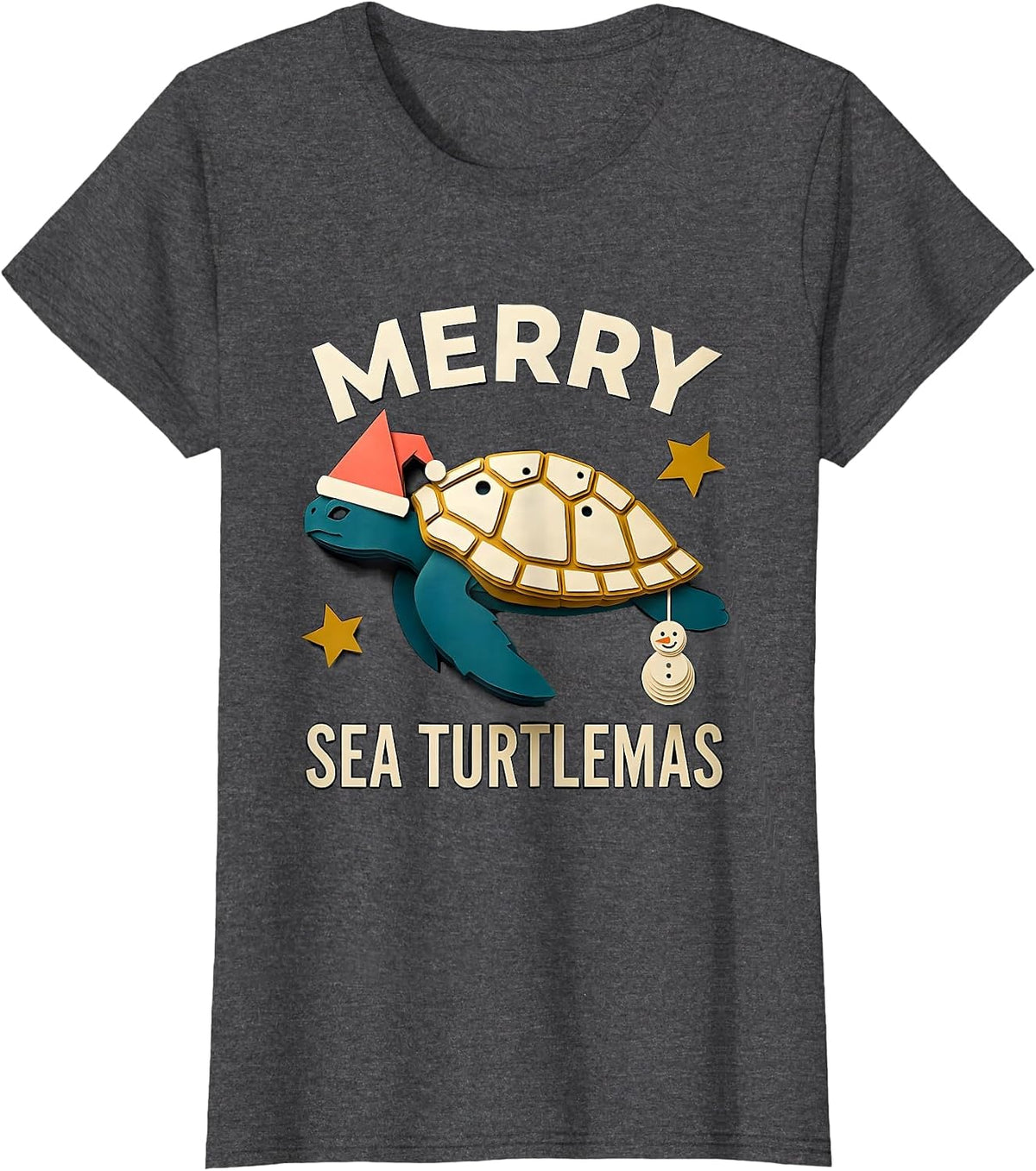 Women's Merry Sea Turtlemas Paper Cutout Whimsical Sea Turtle Lover T-Shirt - Dark Heather Grey