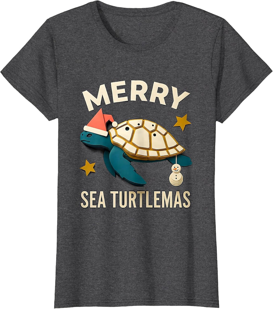 Women's Merry Sea Turtlemas Paper Cutout Whimsical Sea Turtle Lover T-Shirt - Dark Heather Grey