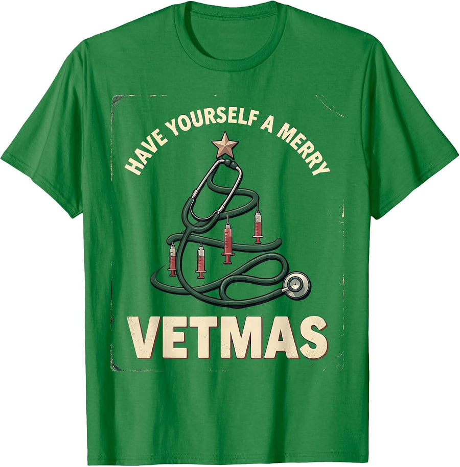 Men's Have Yourself A Merry Vetmas Vintage Funny Vet Tech T-Shirt - Kelly Green