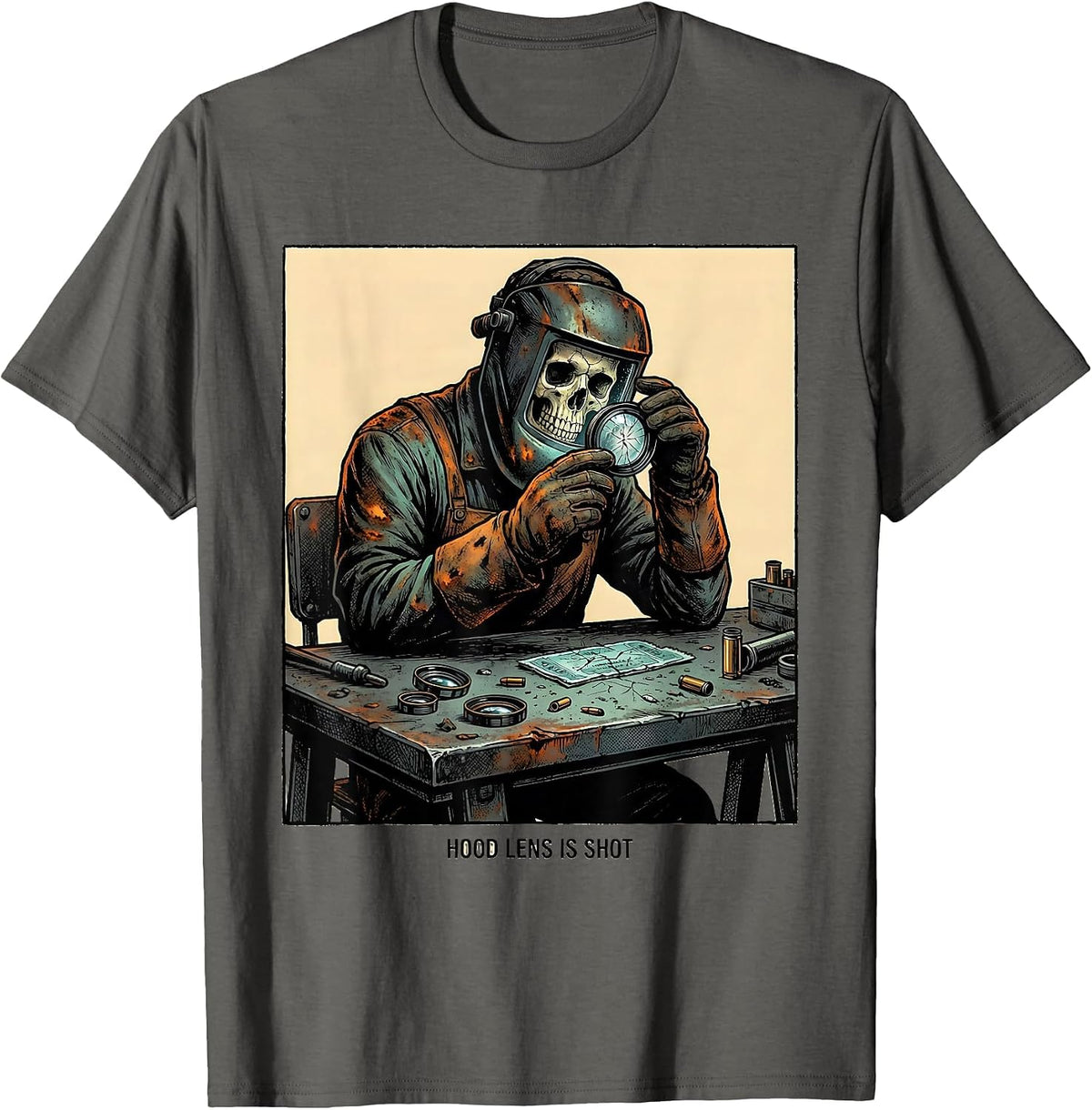 Hood Lens Is Shot Funny Welder Skeleton Tradesman Humor T-Shirt - Asphalt Grey