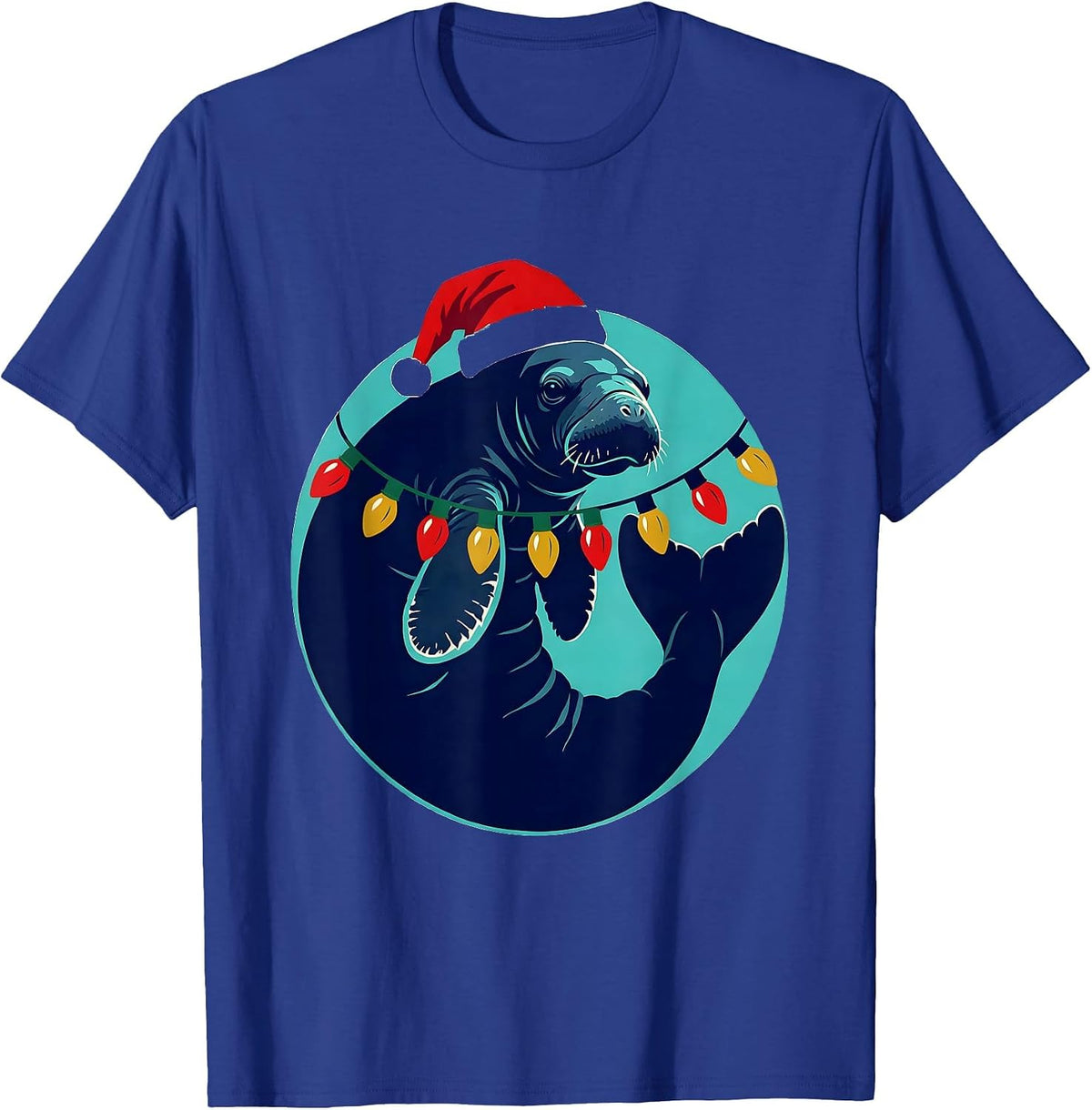 Manatee Santa Hat Christmas Tree Lights Holiday Humor T-Shirt - Royal Blue