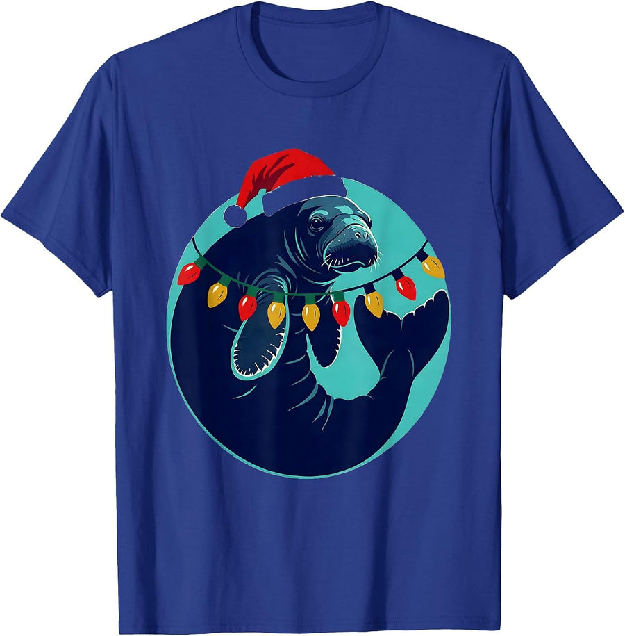 Manatee Santa Hat Christmas Tree Lights Holiday Humor T-Shirt - Royal Blue