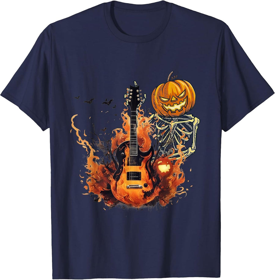 Funny Halloween Skeleton Rocker with Guitar Rock'n Roll Band T-Shirt - Navy Blue