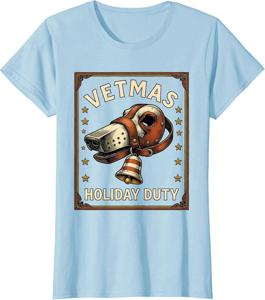 Women's Vetmas Holiday Duty Funny Vet Tech Christmas Veterinary Crew T-Shirt - Baby Blue