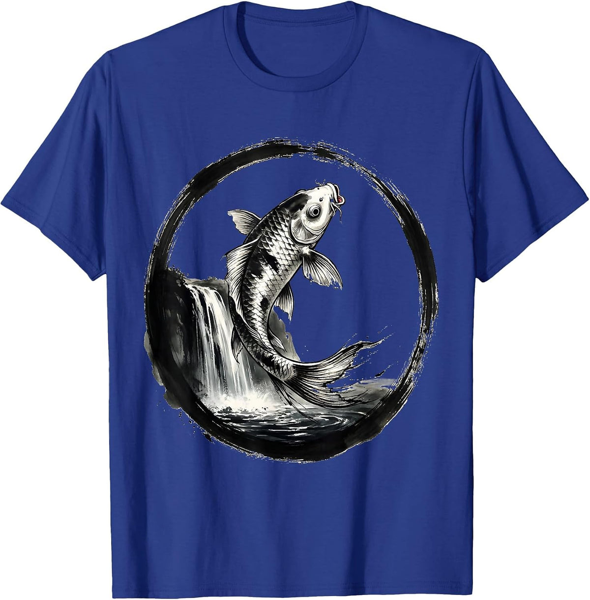 Men's White Koi Fish Leaping Waterfall Freedom Design T-Shirt - Royal Blue
