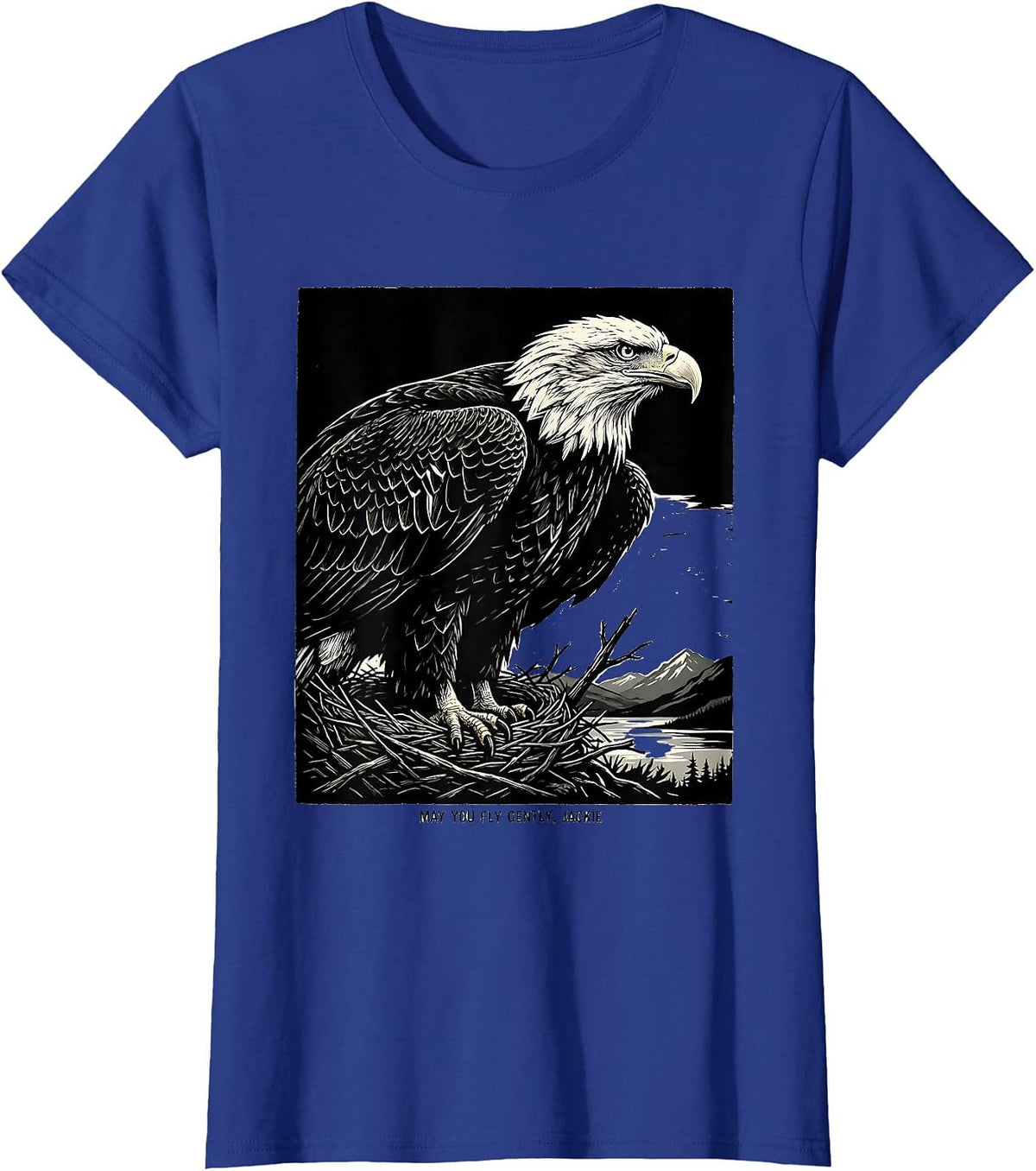 Women's May You Fly Gently, Jackie Linocut Bald Eagle Memorial T-Shirt - Royal Blue