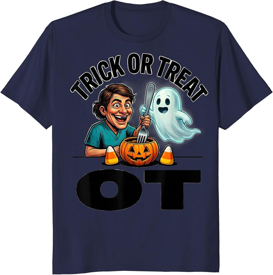 Trick Or Treat OT Cartoon Occupational Therapist Halloween T-Shirt - Navy Blue