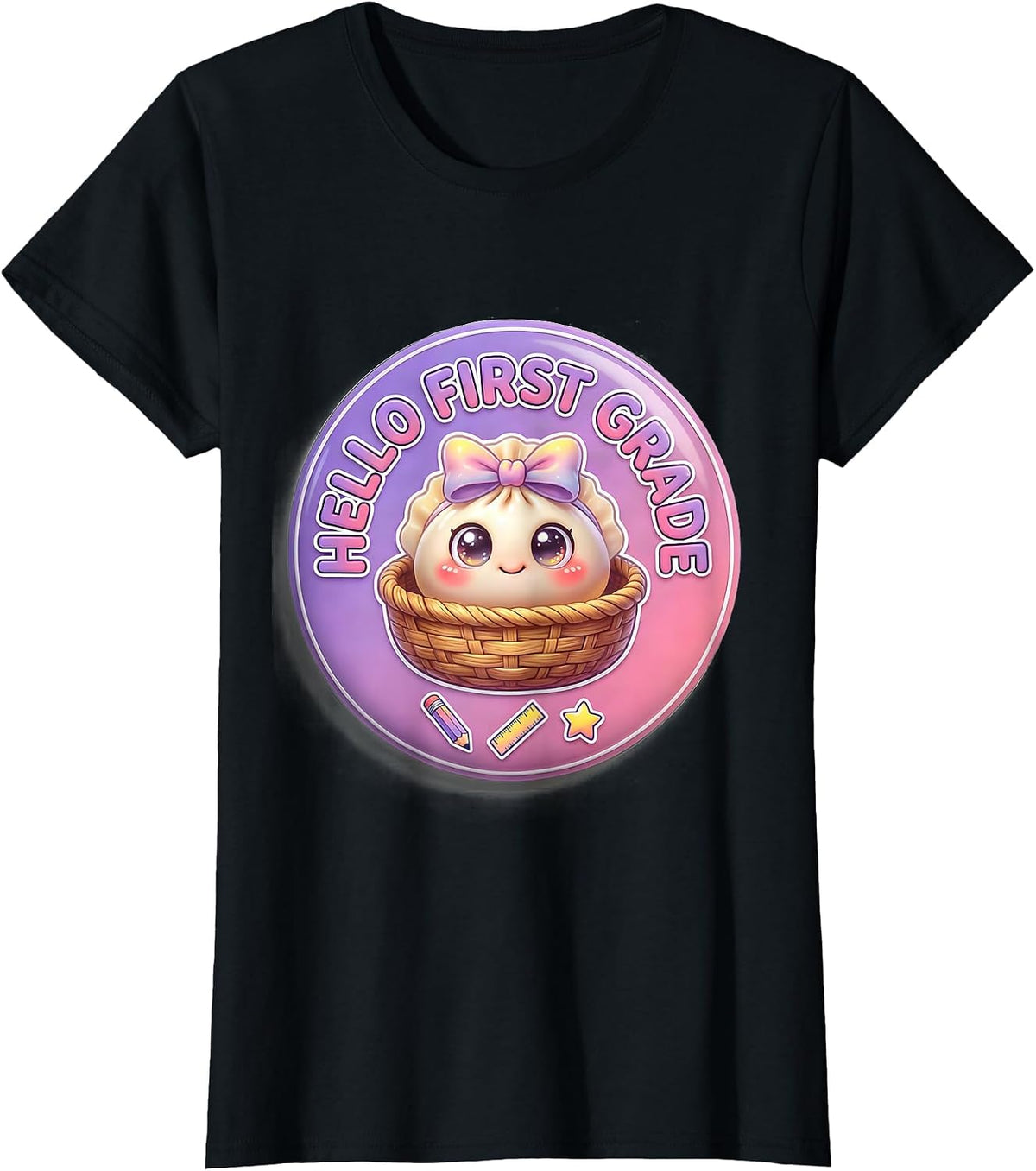 Hello First Grade Cute Dumpling Back to School Girl Teacher T-Shirt - Black