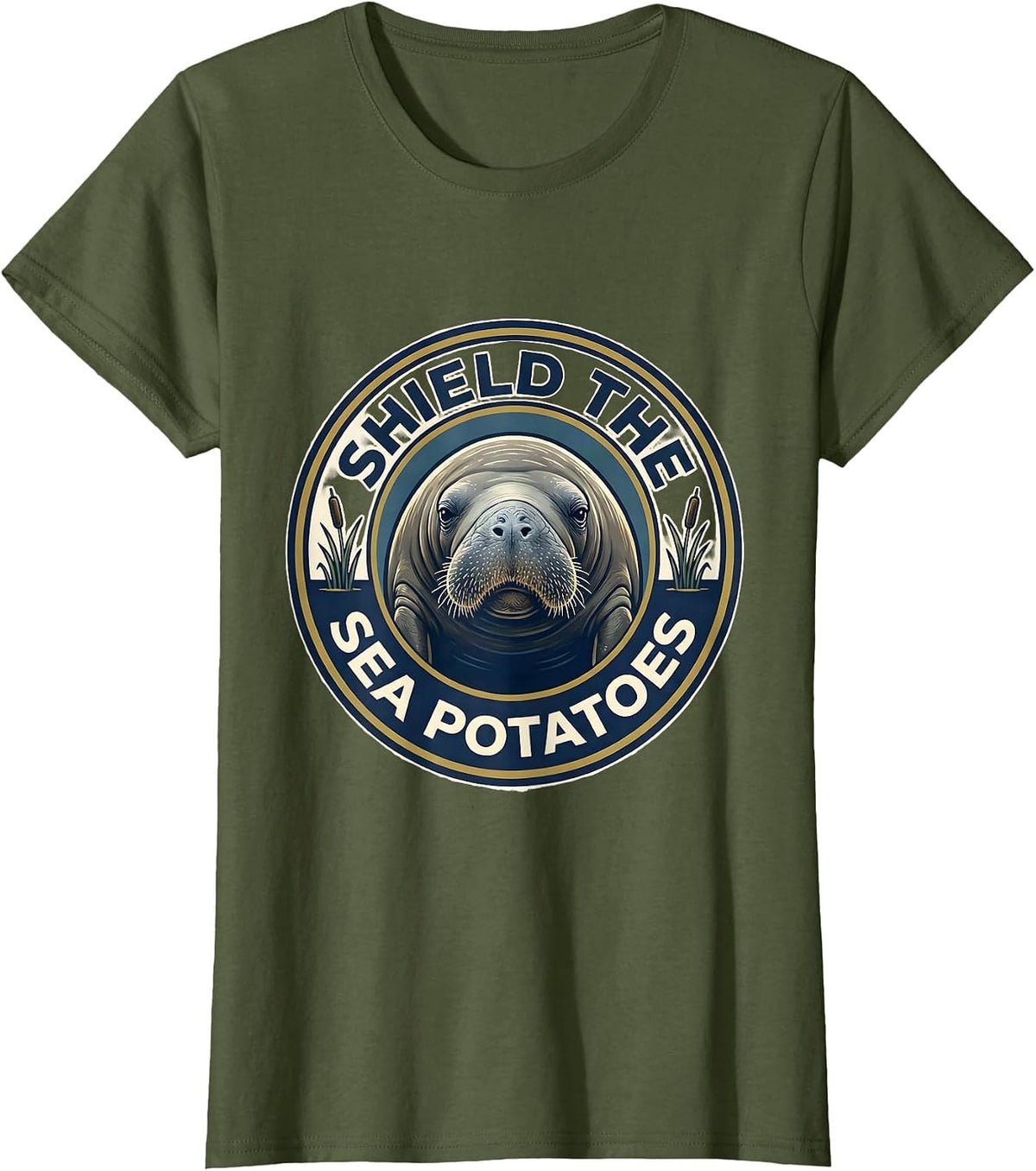 Women's Shield The Sea Potatoes Funny Manatee Lover Crystal River T-Shirt - Olive Green