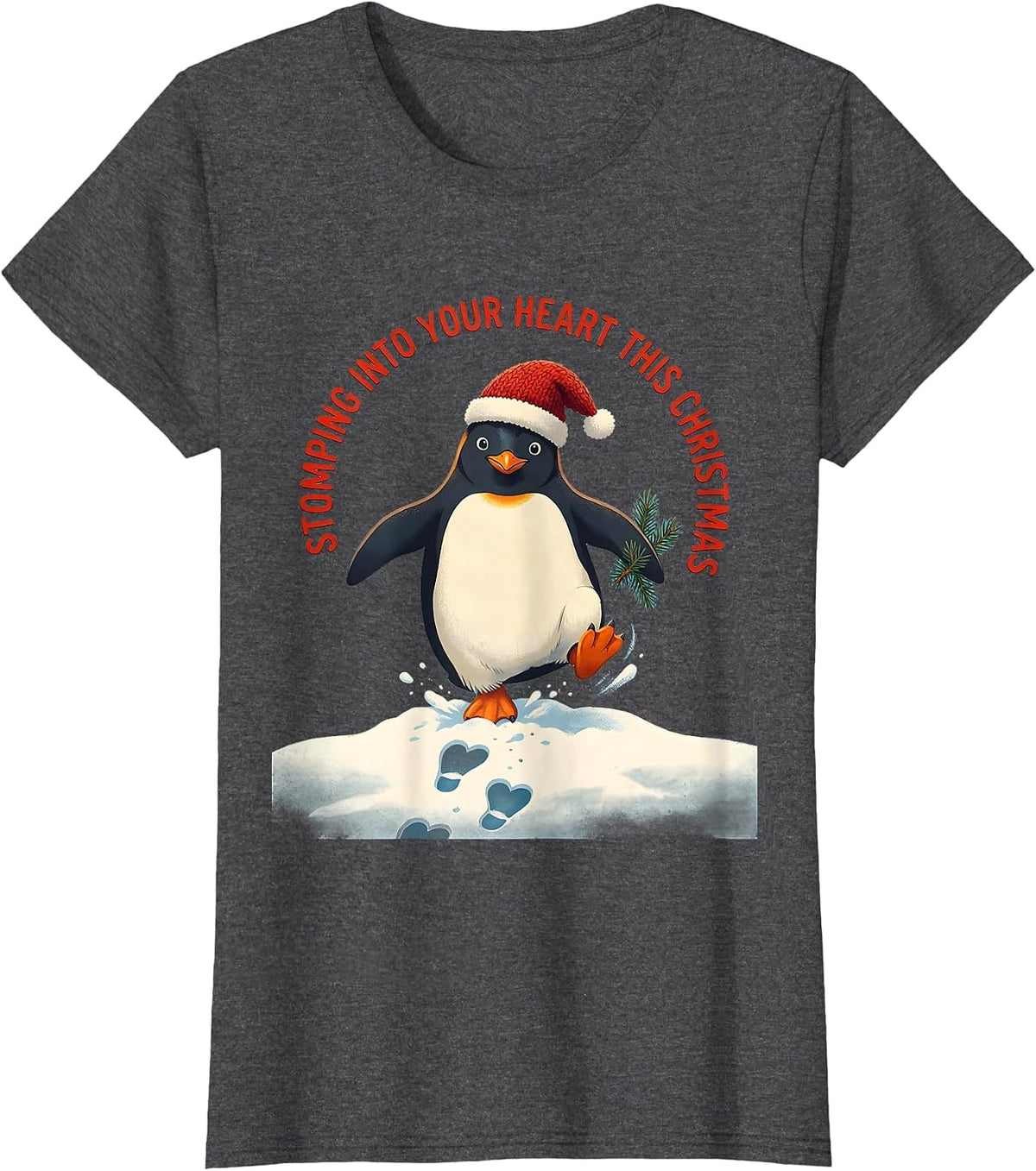 Women's Stomping Into Your Heart This Christmas Funny Penguin Lover T-Shirt - Dark Heather Grey
