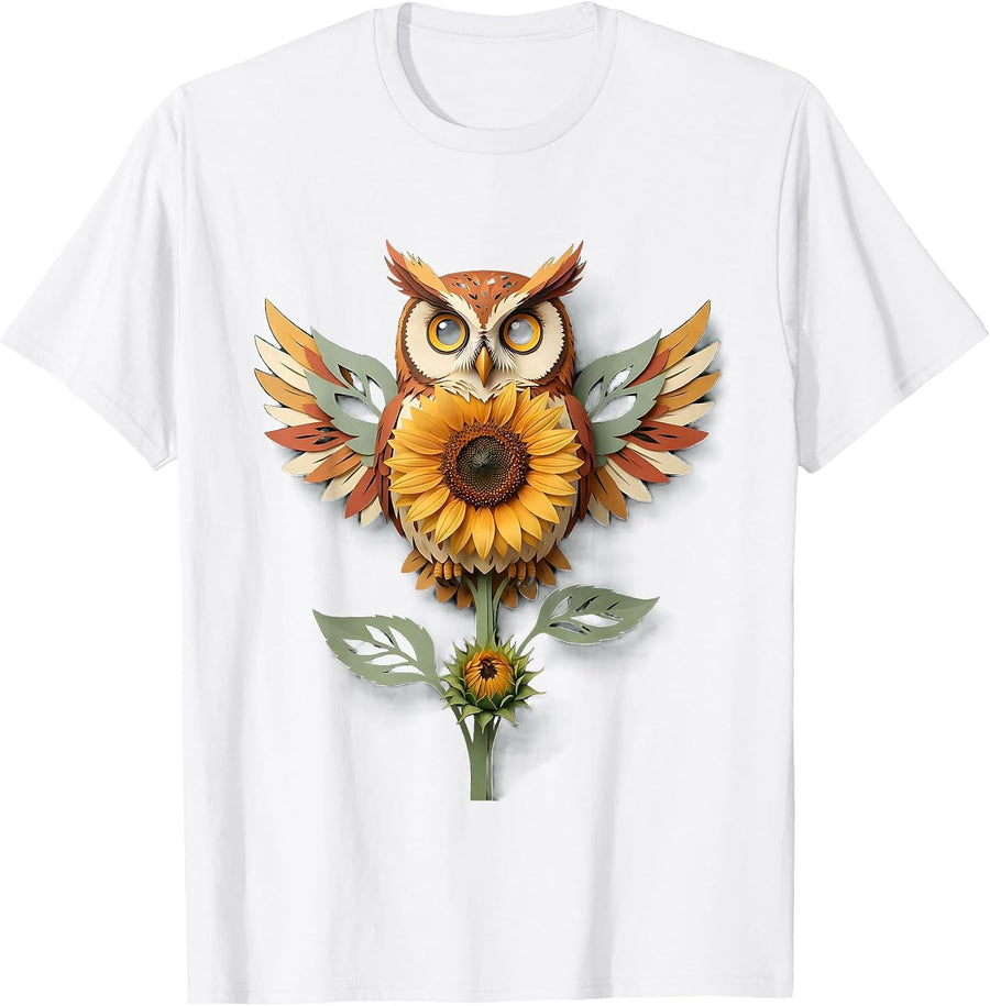 Men's Owl Sunflower Paper Cutout Cottagecore Nature Lover T-Shirt - White