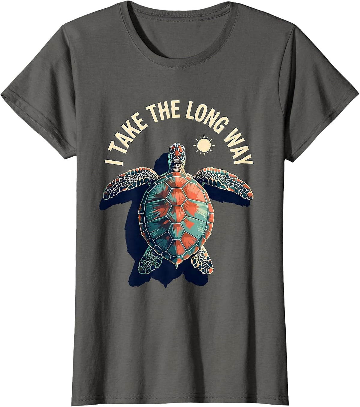 Women's I Take The Long Way Gouache Sea Turtle Tropical Vacation T-Shirt - Asphalt Grey