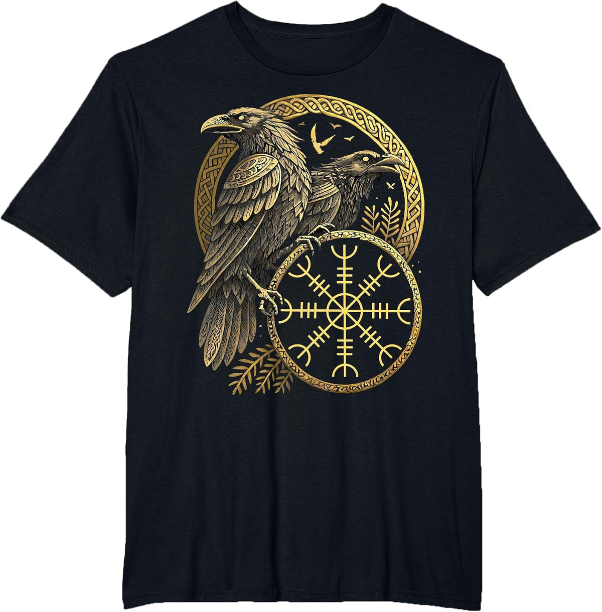 Viking Symbol - Huginn & Muninn Norse Raven - Aegishjalmur T-Shirt - Black