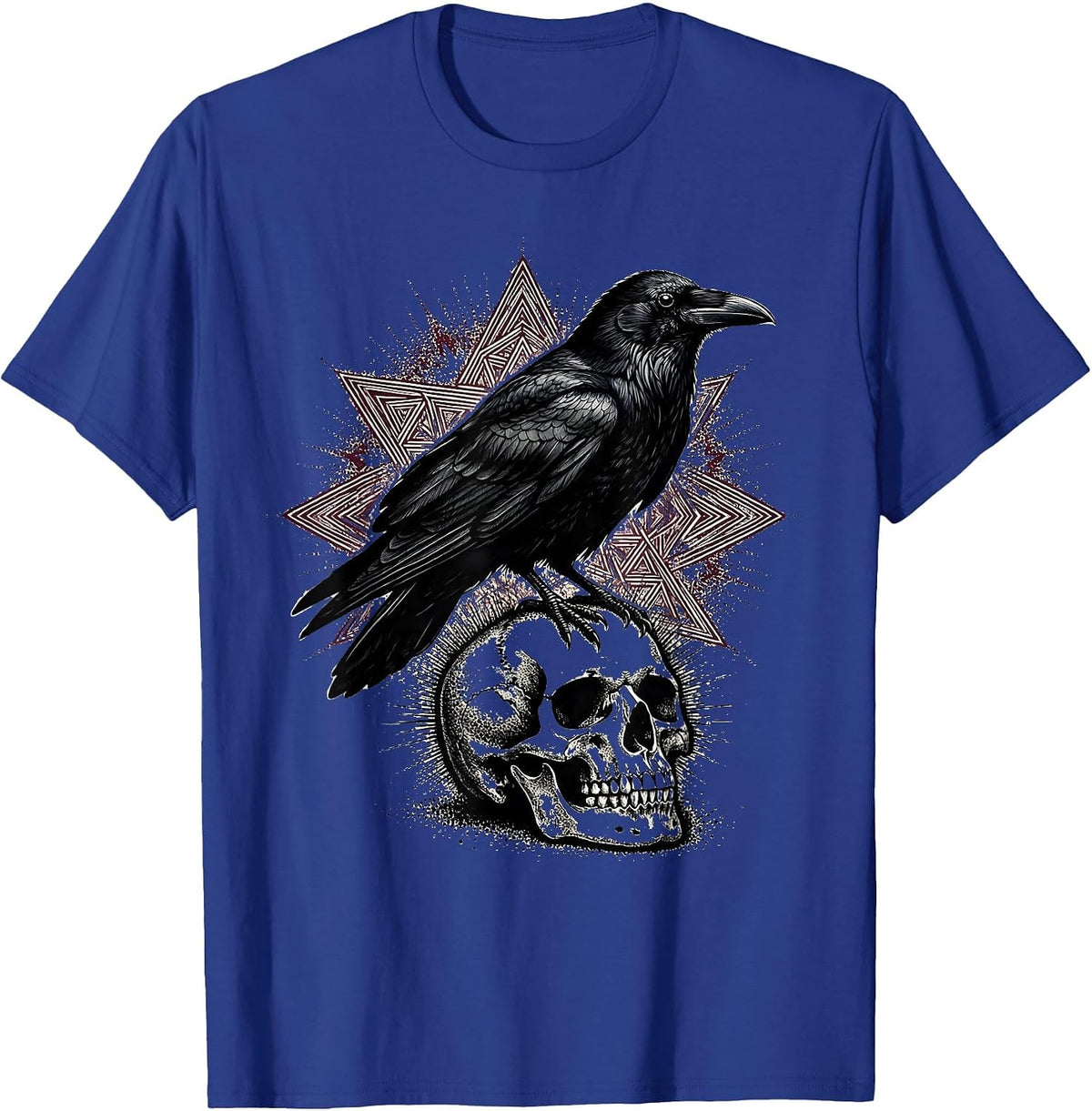 Men's Raven Perched on Mossy Skull Gothic Nature Art T-Shirt - Royal Blue