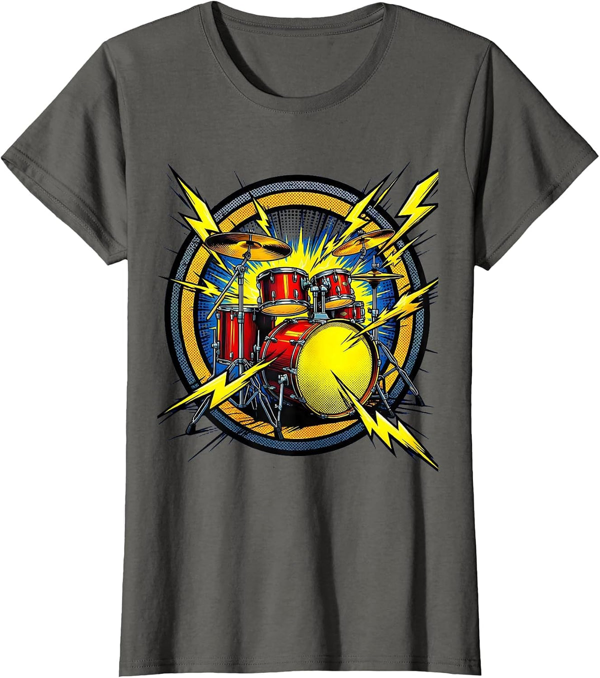 Women's 90s Band Drum Kit Lightning Bolt Illustration T-Shirt - Asphalt Grey