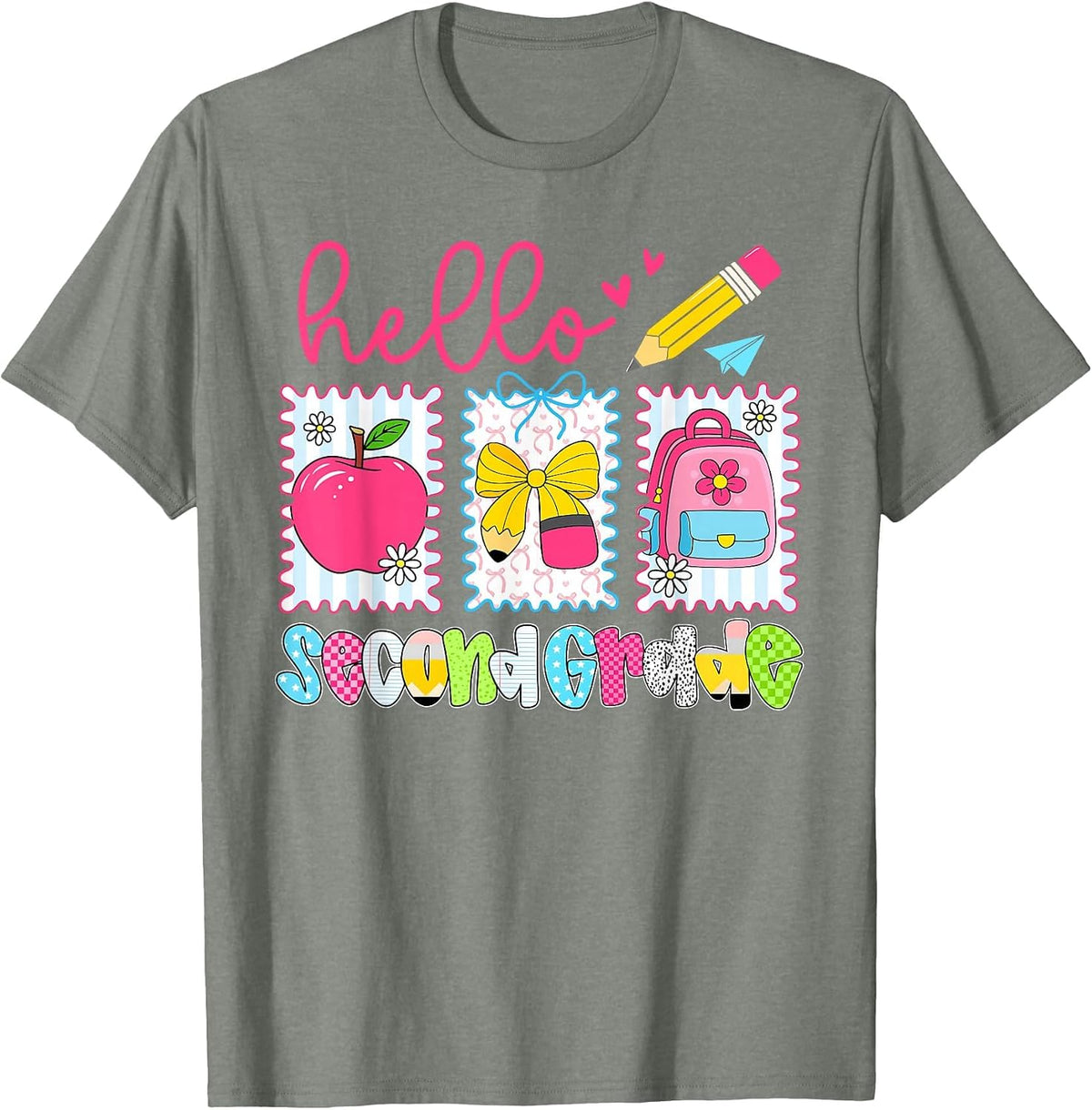 Preppy Hello Second Grade Team Back to School Teachers Kids T-Shirt, Men, Olive Heather, X-Large - As Pictured