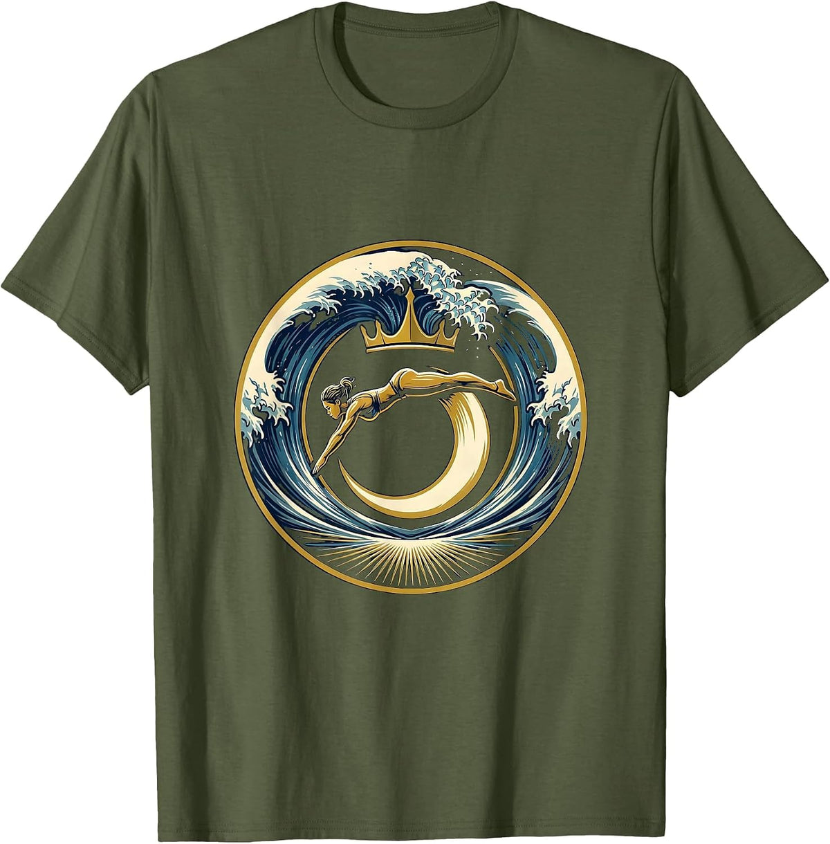 Athlete Diving Into Ocean Wave Illustration T-Shirt - Olive Green