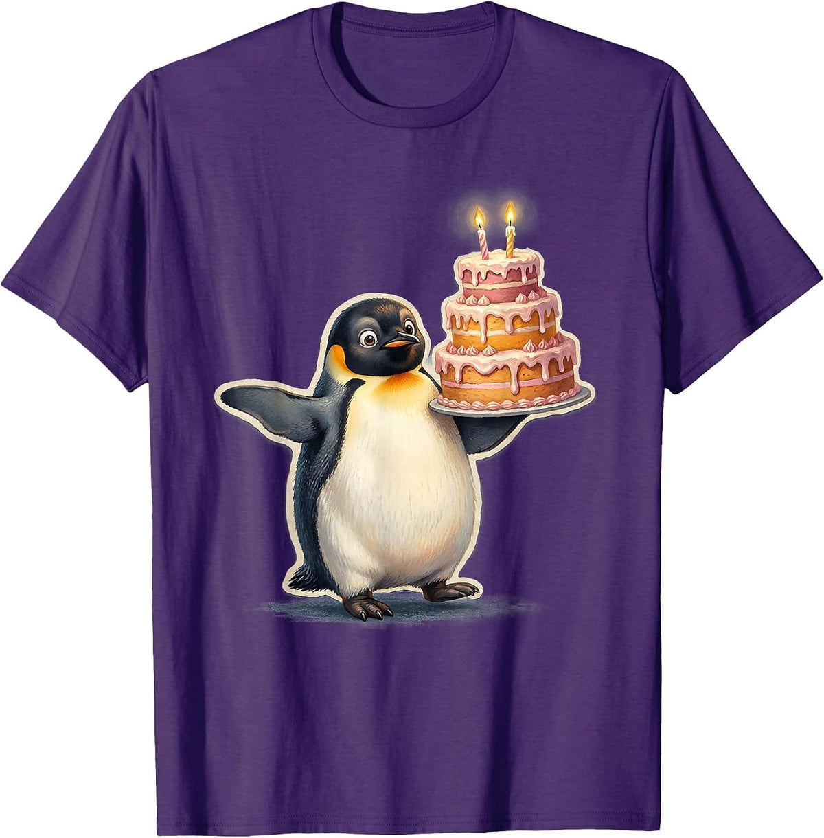 Penguin Balancing Cake 2nd Birthday Graphic T-Shirt - Purple