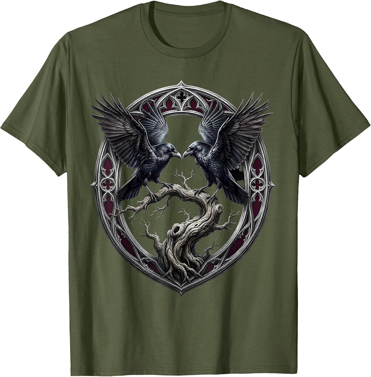 Men's Crow and Raven Face-Off on Branch Illustration T-Shirt - Olive Green