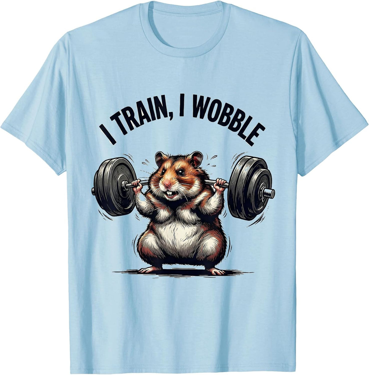 Men's I Train I Wobble Funny Gym Hamster Weightlifting Workout T-Shirt - Baby Blue