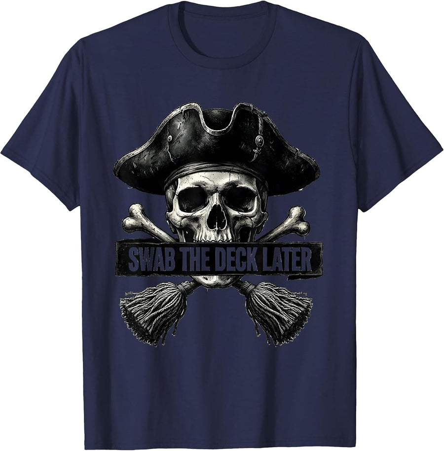 Swab the Deck Later Pirate Design T-Shirt - Navy Blue