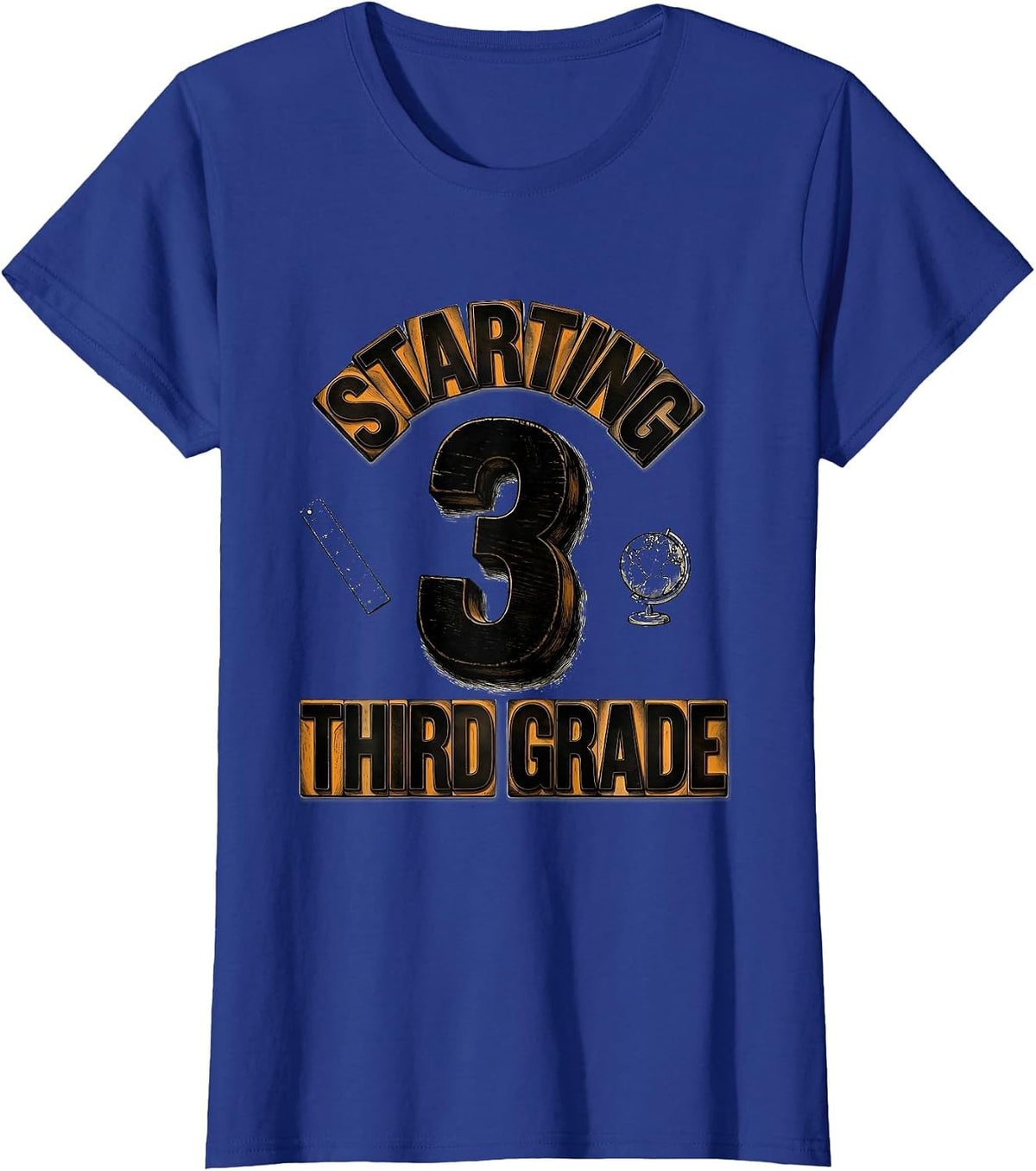 Women's Starting Third Grade Wood Type Letterpress Back To School T-Shirt - Royal Blue