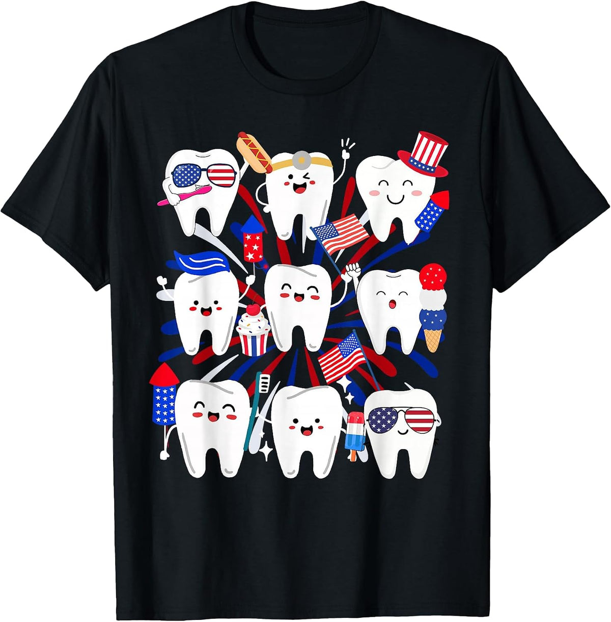 Happy 4th July American Dental Squad Funny Dental Assistant T-Shirt - Black