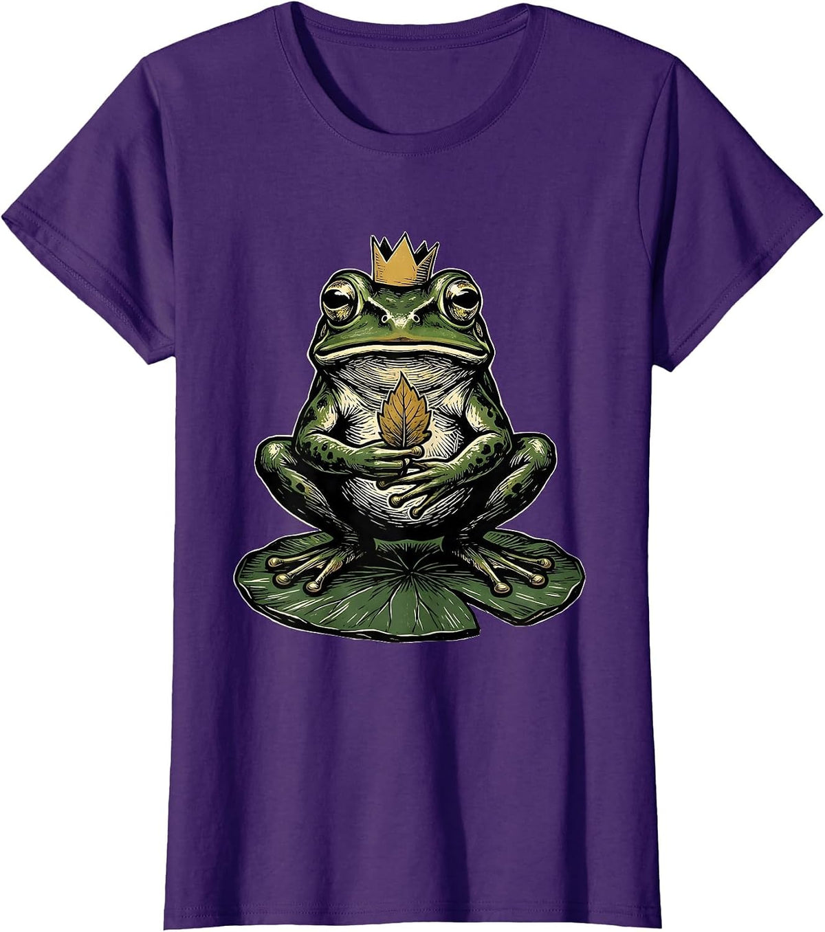 Women's Squat Frog Paper Crown Linocut Frog Lover Humor T-Shirt - Purple