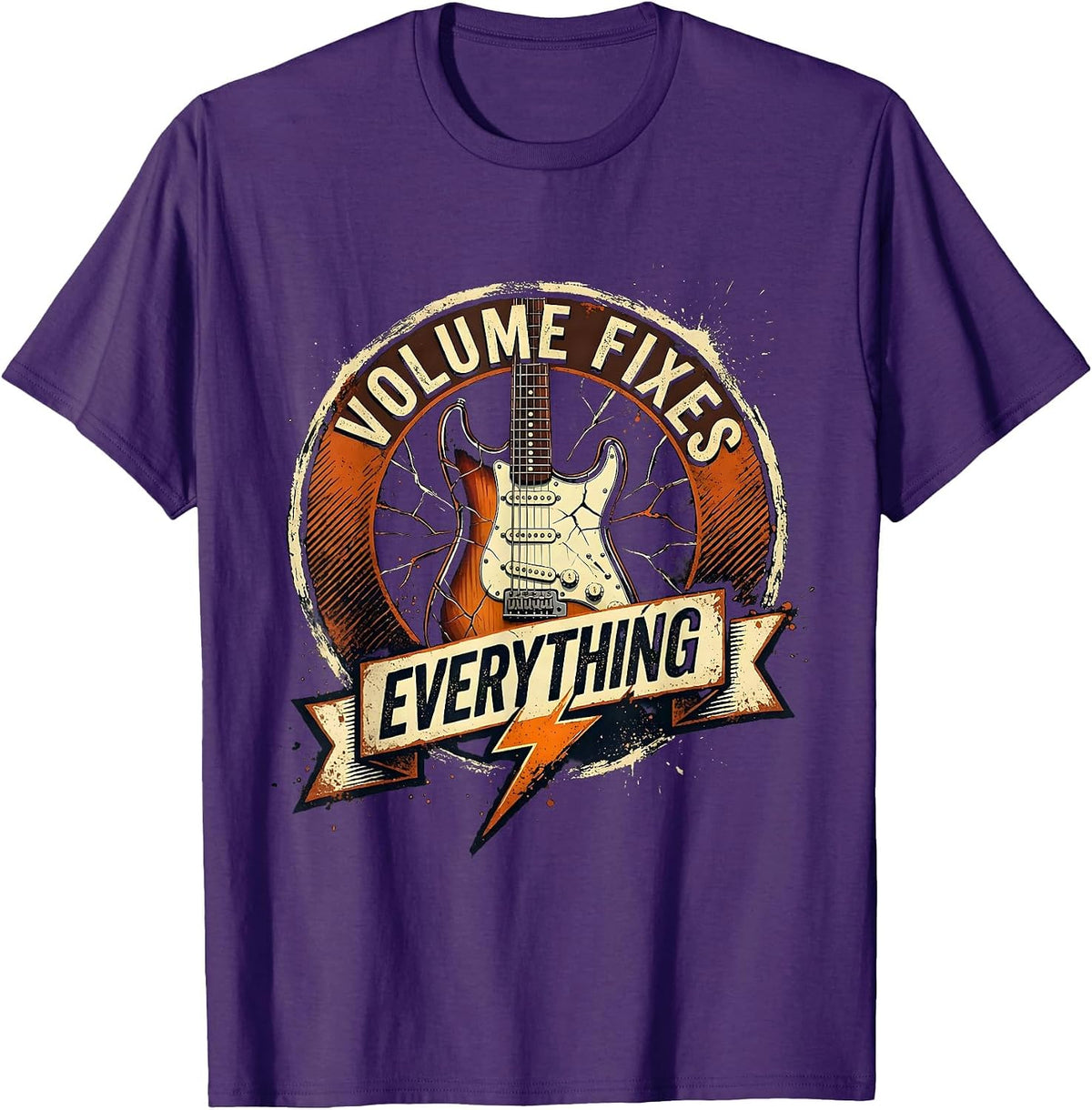 Men's Volume Fixes Everything 80s Rock Band Design T-Shirt - Purple