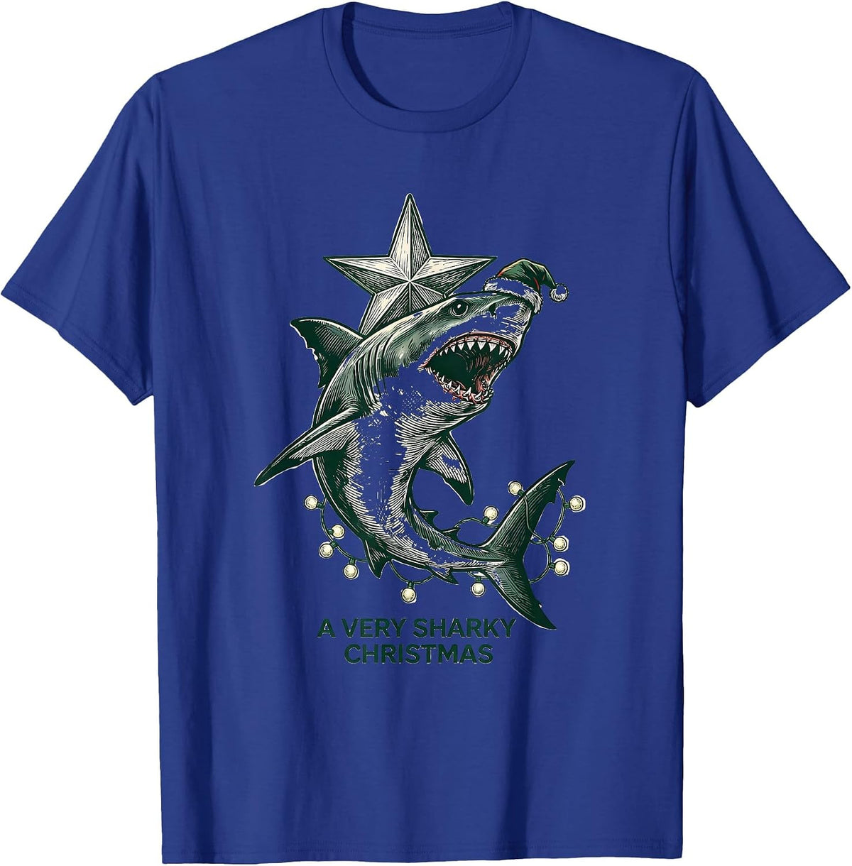 Men's A Very Sharky Christmas Funny Shark Santa Hat Holiday Lights T-Shirt - Royal Blue