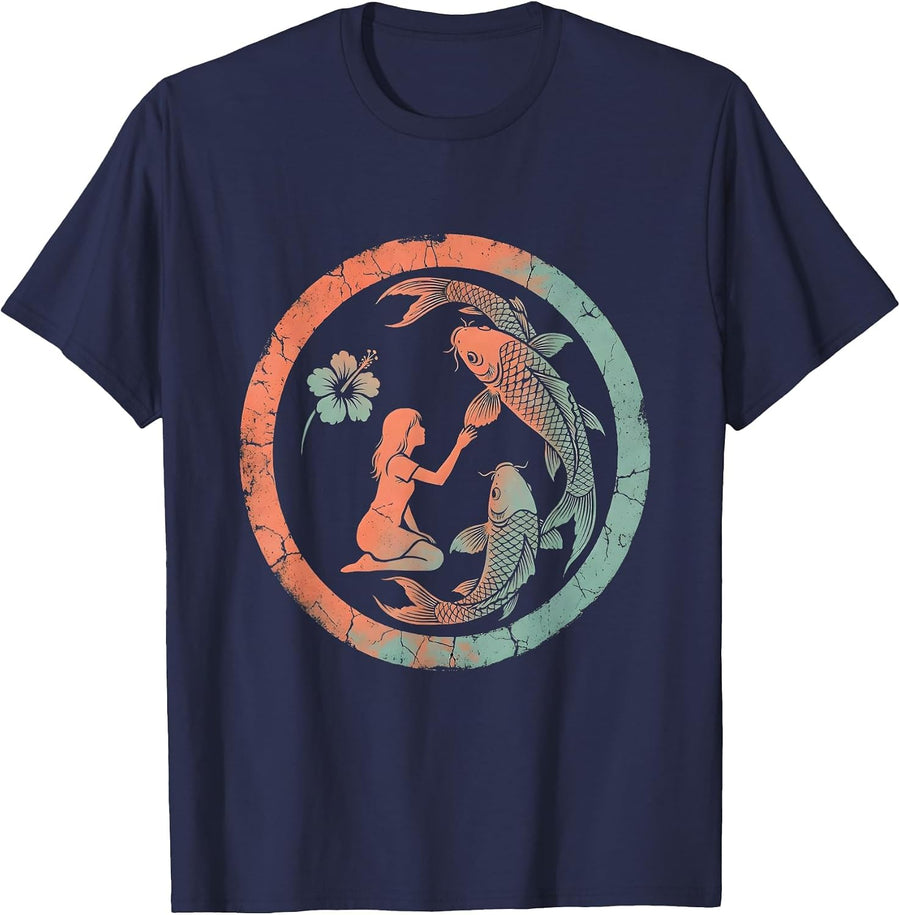 Girl Feeding Koi Fish Garden Pond Hawaiian T-Shirt - Navy Blue