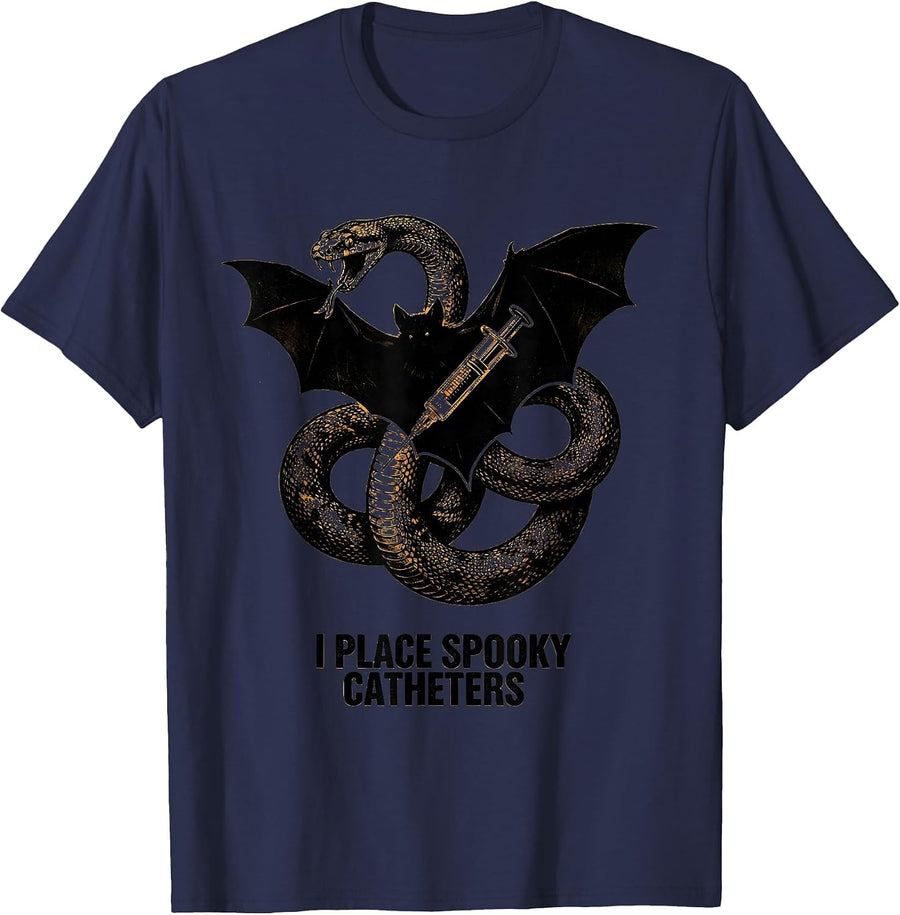 I Place Spooky Catheters Funny Veterinary Tech Halloween Vet T-Shirt - Navy Blue