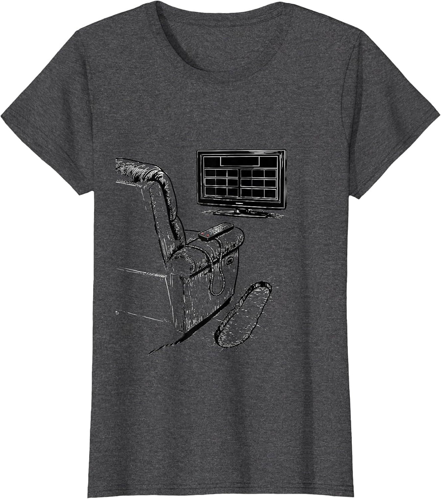 Women's Worn Recliner Football Lineman Fan Humor T-Shirt - Dark Heather Grey