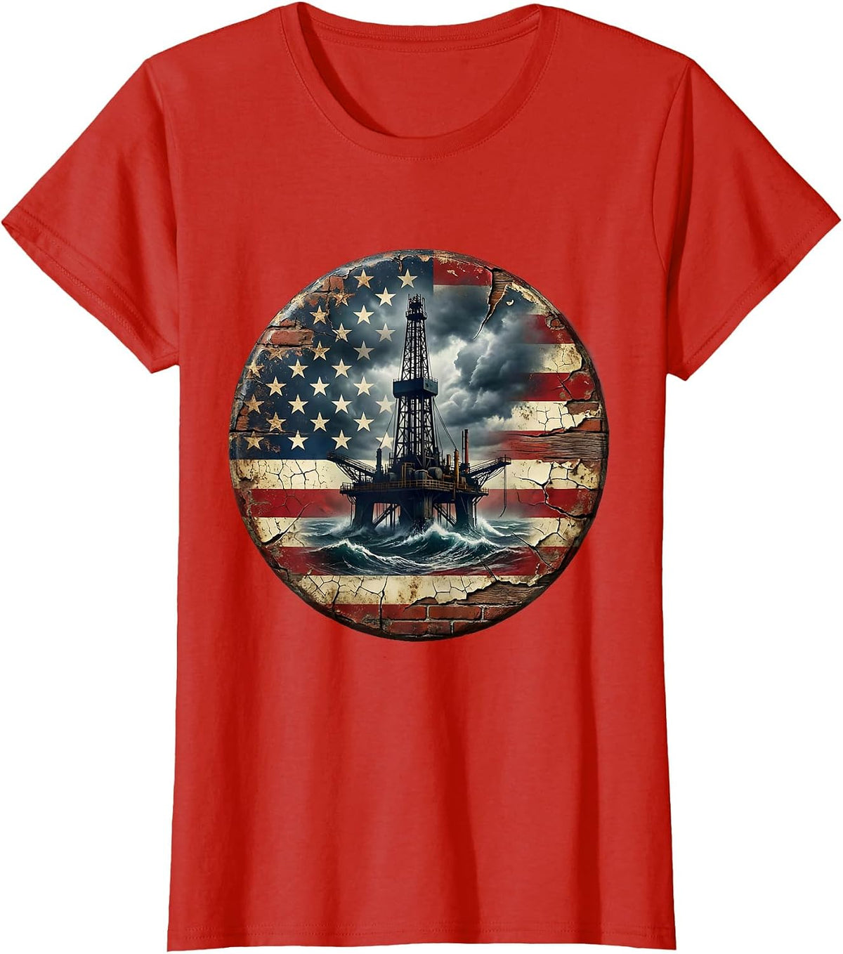 Oil Rig Storm Labor Day Graphic Tee T-Shirt - Red