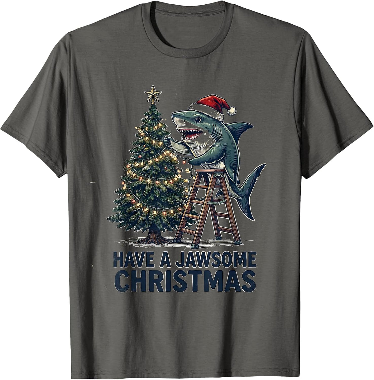 Have A Jawsome Christmas Vintage Funny Shark Santa Hat T-Shirt - Asphalt Grey