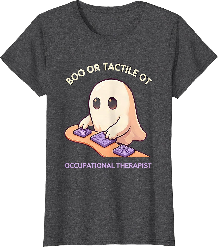Women's Boo Or Tactile OT Cute Kawaii Ghost Occupational Therapist T-Shirt - Dark Heather Grey