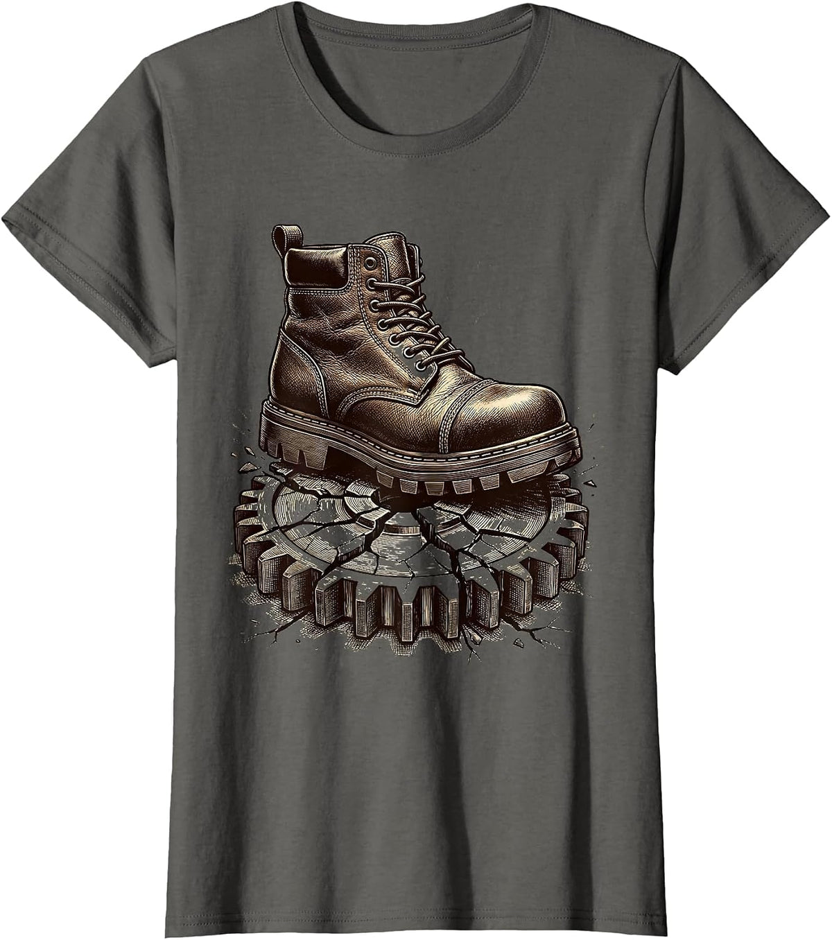 Women's Mechanic Boot Crushing Broken Gear Graphic T-Shirt - Asphalt Grey